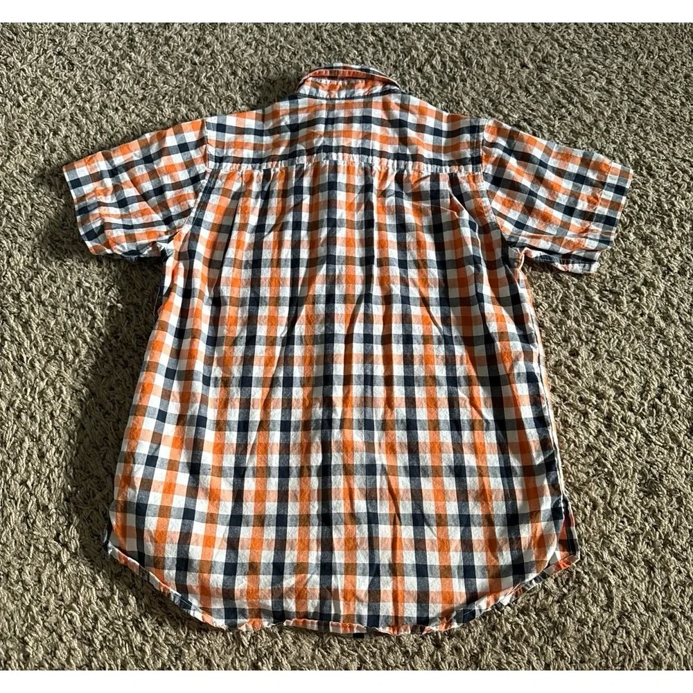 Place Boys White Orange Navy Blue Plaid Short Sleeve Button Down Size 7/8